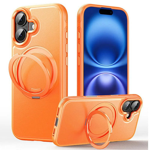 For iPhone 16 Plus Case Compatible with MagSafe Rotating Kickstand Litchi Texture PC TPU Phone Cover - Orange - 1