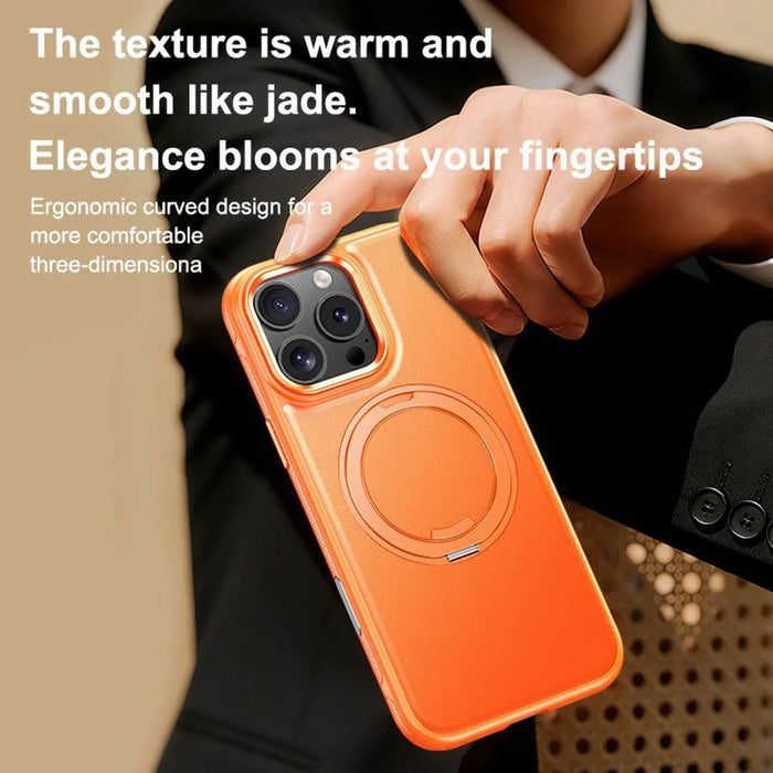 For iPhone 16 Pro Max Case Compatible with MagSafe Rotating Kickstand Litchi Texture PC TPU Phone Cover - Orange - 4