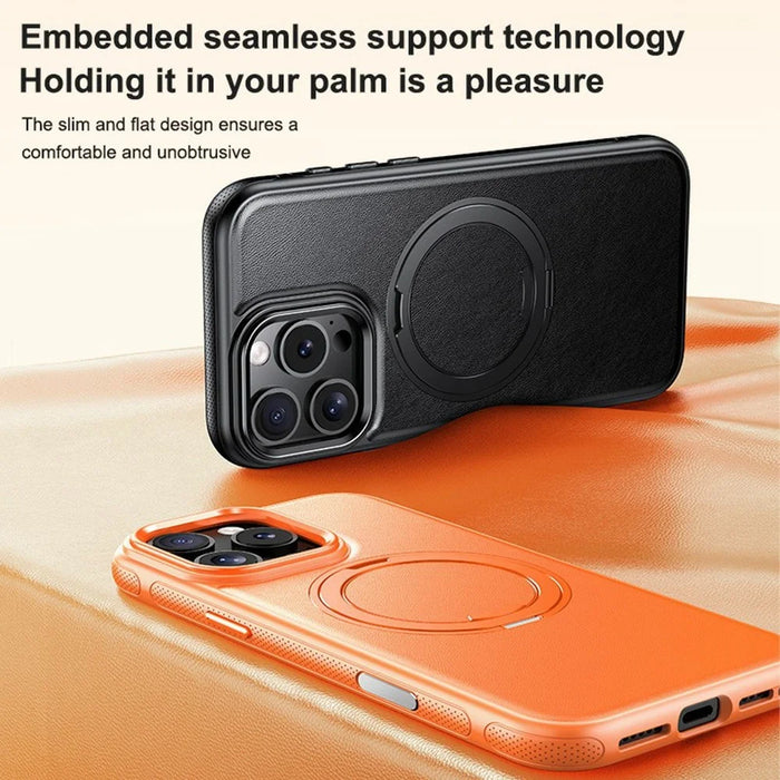 For iPhone 16 Pro Max Case Compatible with MagSafe Rotating Kickstand Litchi Texture PC TPU Phone Cover - Orange - 5