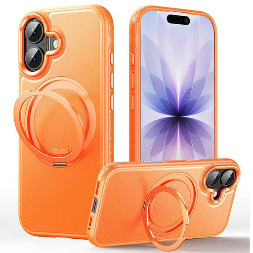For iPhone 17 Case Compatible with MagSafe Rotating Kickstand Litchi Texture PC TPU Phone Cover - Orange - 1