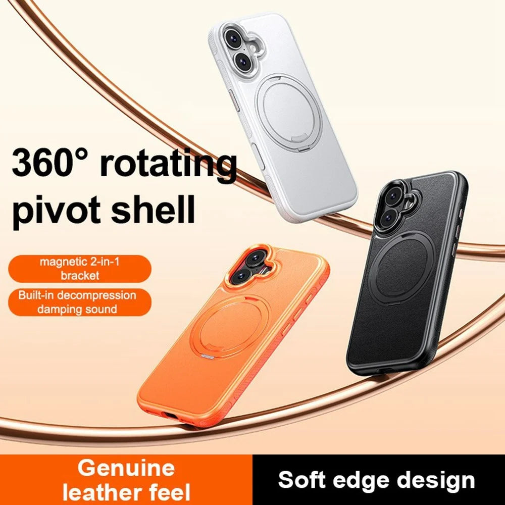 For iPhone 17 Case Compatible with MagSafe Rotating Kickstand Litchi Texture PC TPU Phone Cover - Orange - 2