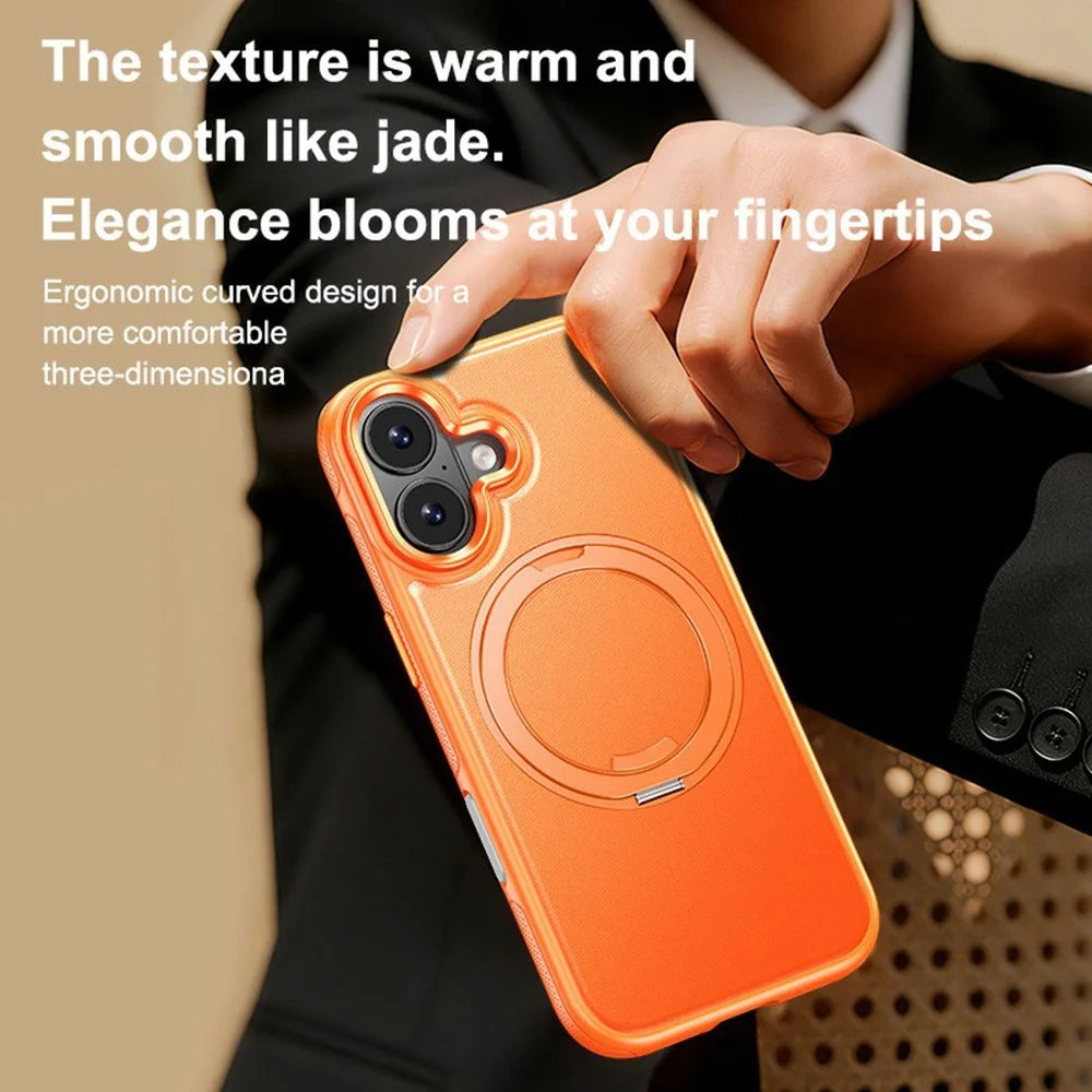 For iPhone 17 Case Compatible with MagSafe Rotating Kickstand Litchi Texture PC TPU Phone Cover - Orange - 4