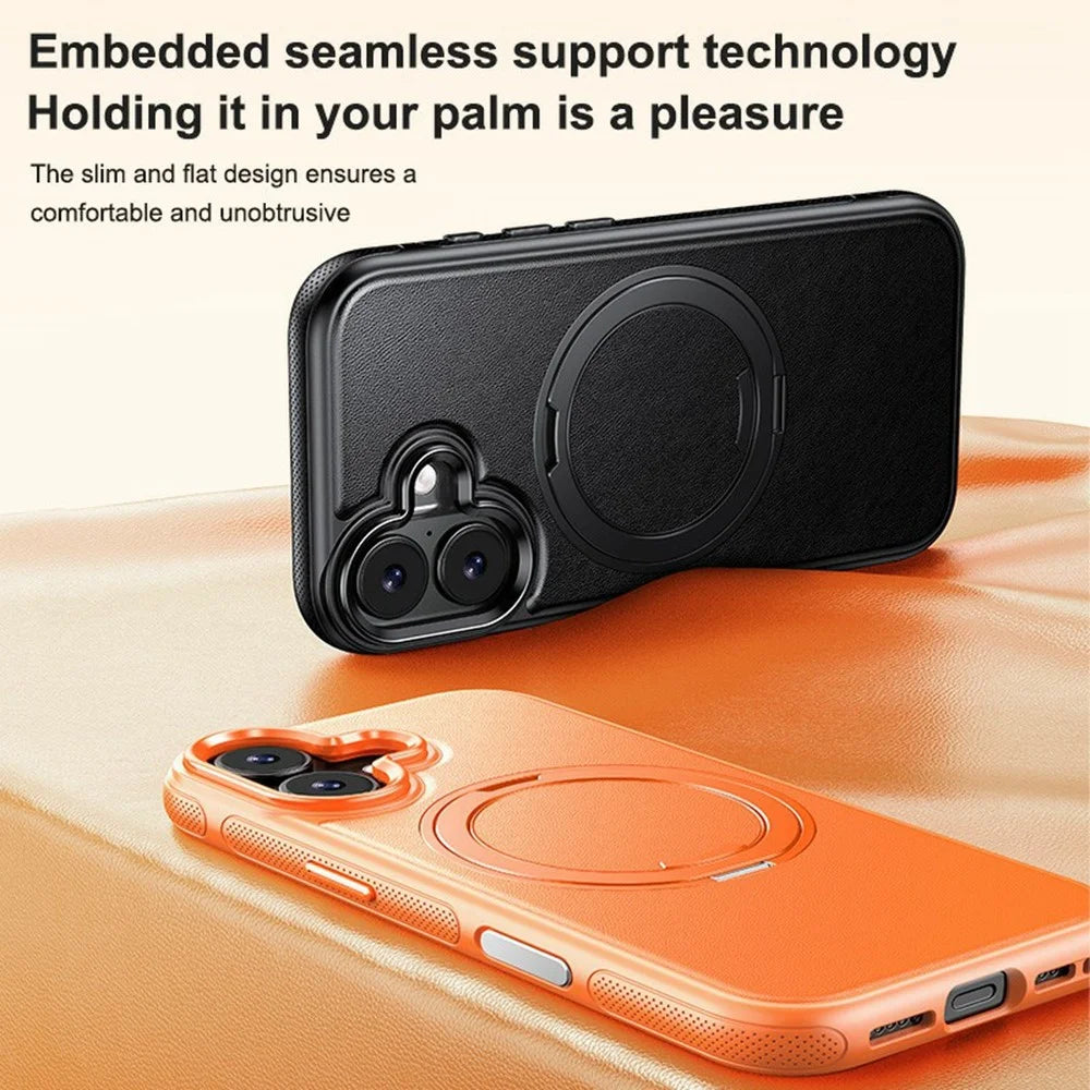 For iPhone 17 Case Compatible with MagSafe Rotating Kickstand Litchi Texture PC TPU Phone Cover - Orange - 5
