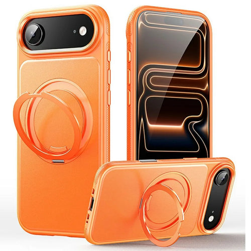 For iPhone Air Case Compatible with MagSafe Rotating Kickstand Litchi Texture PC TPU Phone Cover - Orange - 1