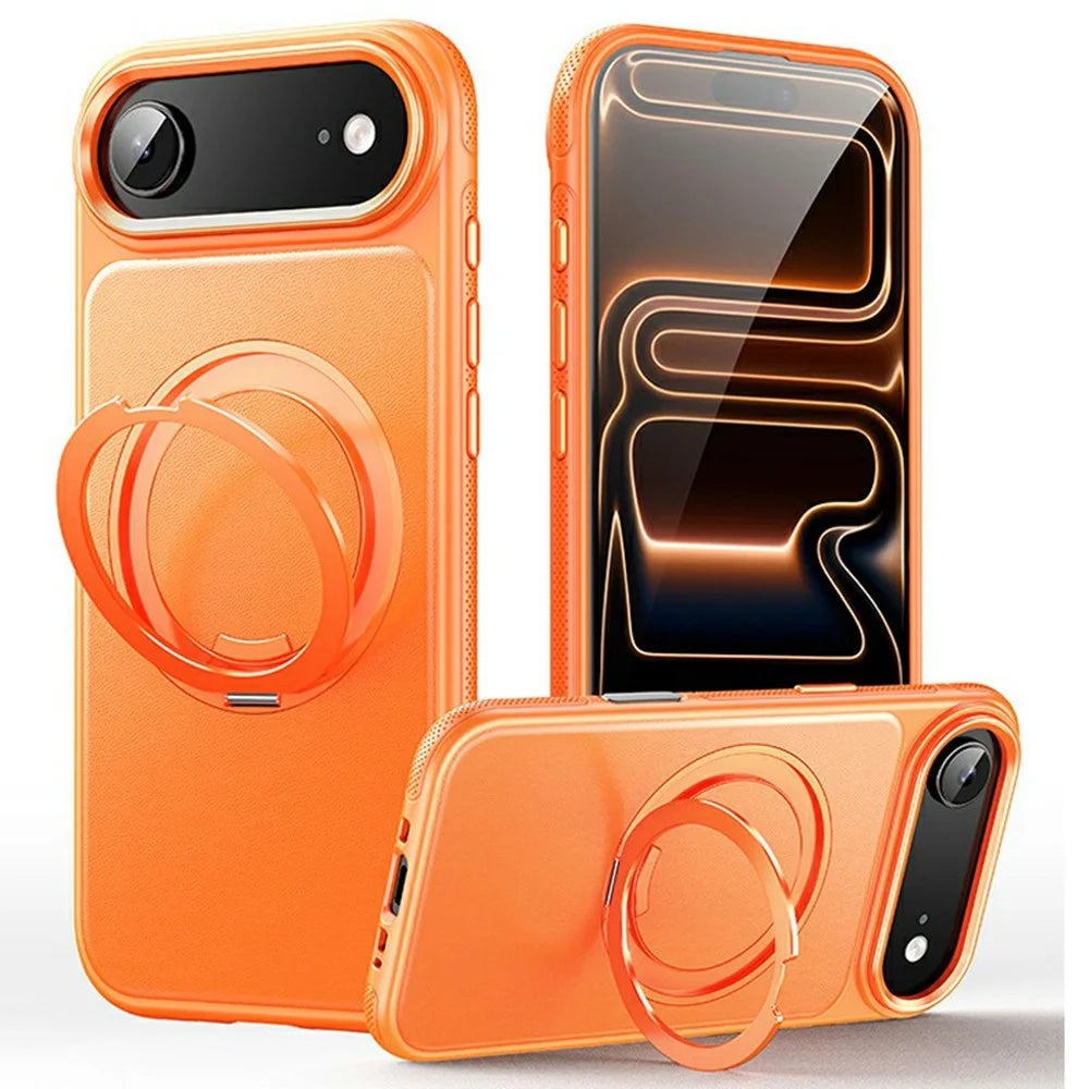 For iPhone Air Case Compatible with MagSafe Rotating Kickstand Litchi Texture PC TPU Phone Cover - Orange - 1