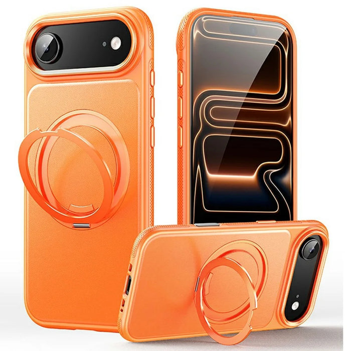 For iPhone Air Case Compatible with MagSafe Rotating Kickstand Litchi Texture PC TPU Phone Cover - Orange - 1