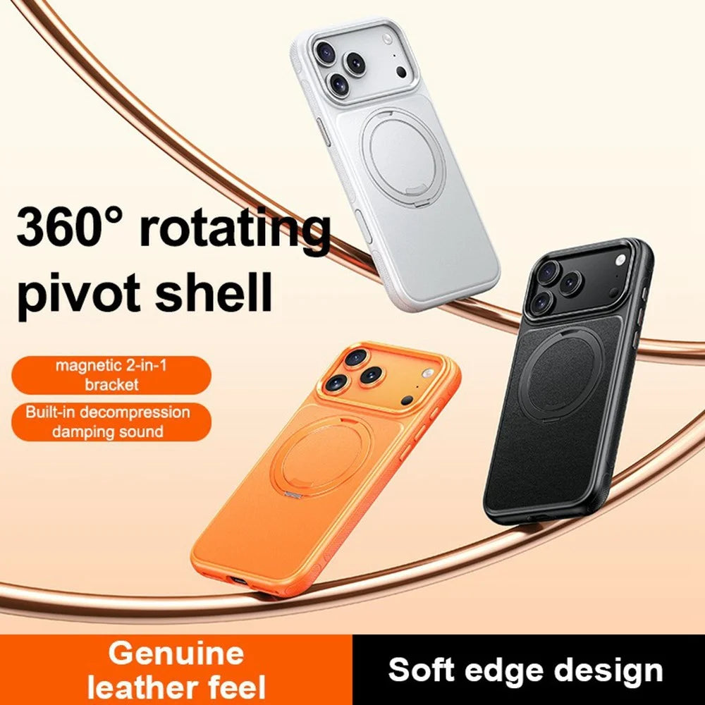 For iPhone 17 Pro Case Compatible with MagSafe Rotating Kickstand Litchi Texture PC TPU Phone Cover - Orange - 2