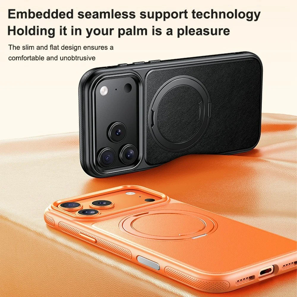 For iPhone 17 Pro Case Compatible with MagSafe Rotating Kickstand Litchi Texture PC TPU Phone Cover - Orange - 5