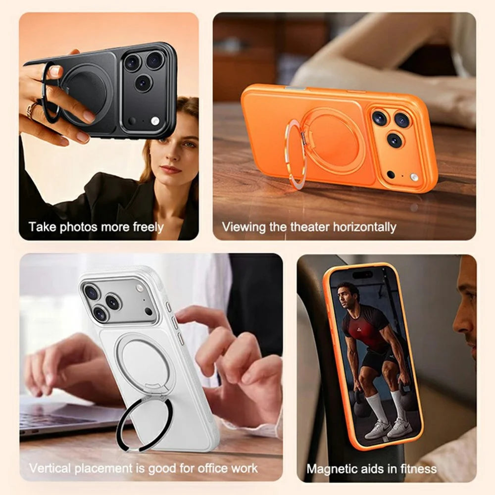 For iPhone 17 Pro Case Compatible with MagSafe Rotating Kickstand Litchi Texture PC TPU Phone Cover - Orange - 7