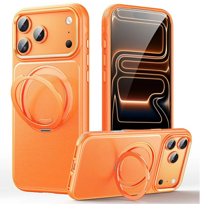 For iPhone 17 Pro Max Case Compatible with MagSafe Rotating Kickstand Litchi Texture PC TPU Phone Cover - Orange - 1