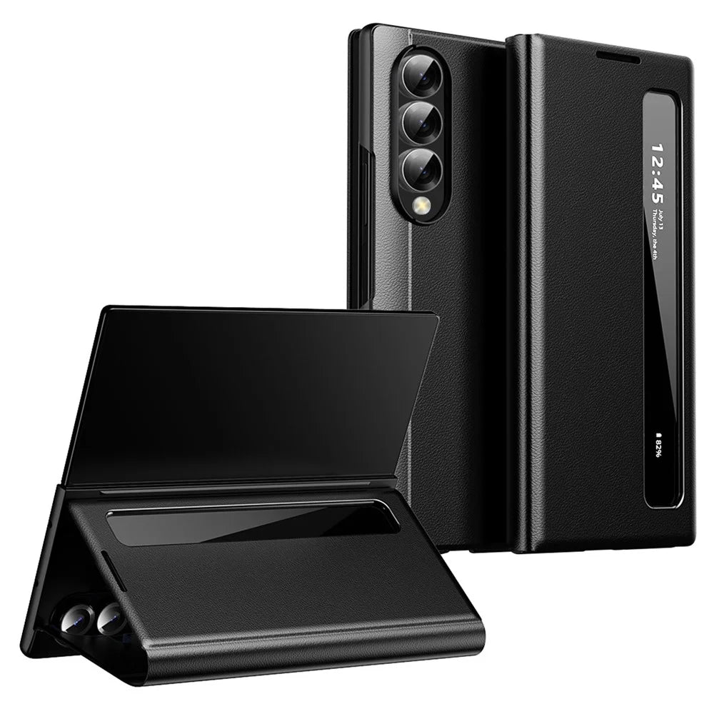 For Samsung Galaxy Z Fold4 5G Case Smart View Window Leather Phone Cover - Black - 1