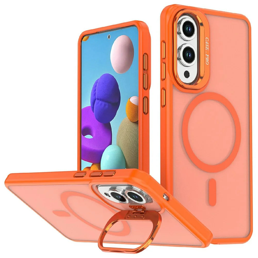 For Samsung Galaxy S25 Edge Magnetic Case Foldable Kickstand Matte PC + TPU Phone Cover - Orange - 1
