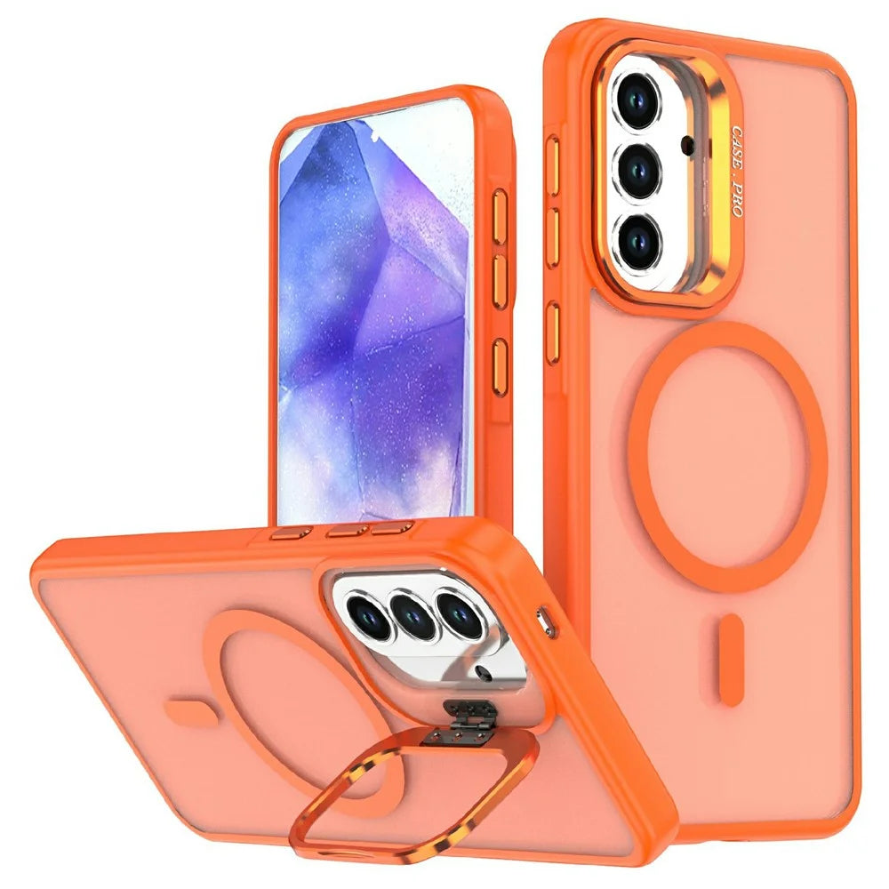 For Samsung Galaxy A54 5G Magnetic Case Foldable Kickstand Matte PC + TPU Phone Cover - Orange - 1