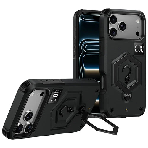 For iPhone 17 Pro Max Case Hexagonal Kickstand Shockproof TPU PC Matte Phone Cover with Integrated Scale Hook - Black - 1