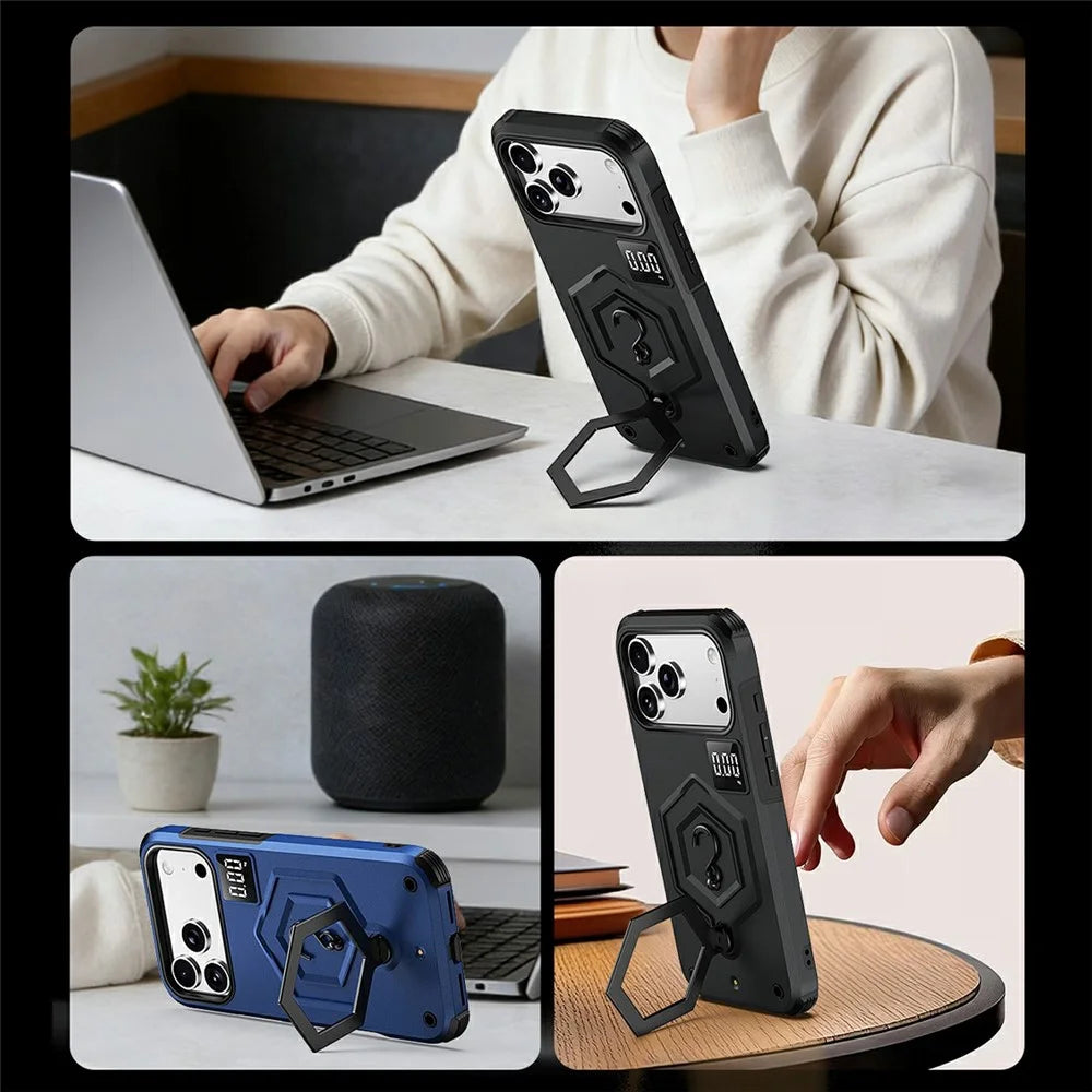 For iPhone 17 Pro Max Case Hexagonal Kickstand Shockproof TPU PC Matte Phone Cover with Integrated Scale Hook - Black - 3