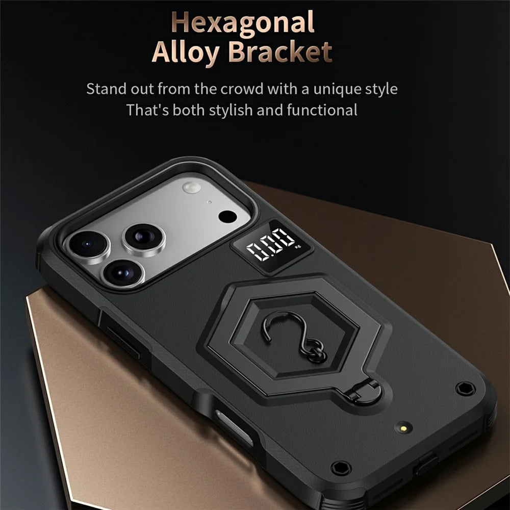 For iPhone 17 Pro Max Case Hexagonal Kickstand Shockproof TPU PC Matte Phone Cover with Integrated Scale Hook - Black - 7