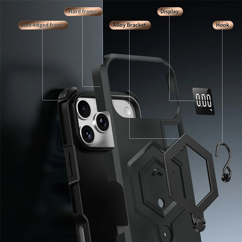 For iPhone 17 Pro Case Hexagonal Kickstand Shockproof TPU PC Matte Phone Cover with Integrated Scale Hook - Black - 5