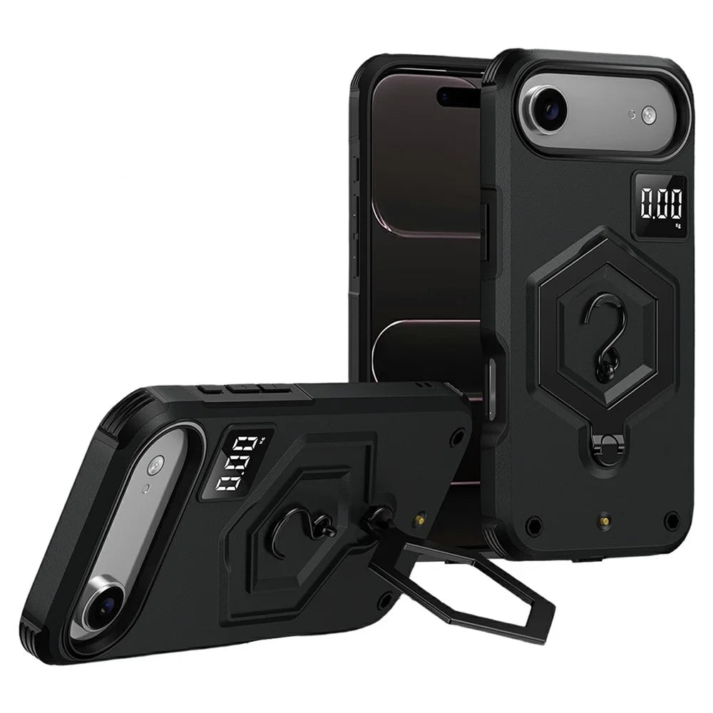 For iPhone Air Case Hexagonal Kickstand Shockproof TPU PC Matte Phone Cover with Integrated Scale Hook - Black - 1