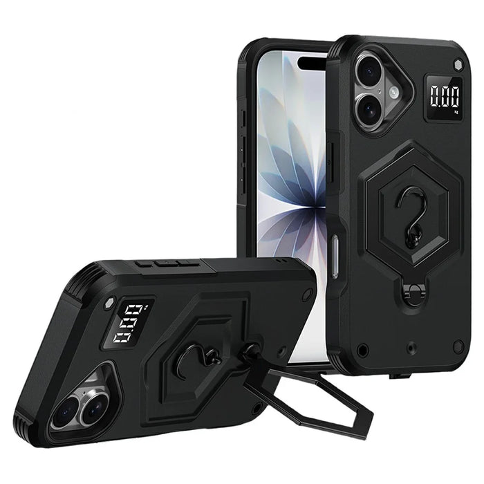 For iPhone 17 Case Hexagonal Kickstand Shockproof TPU PC Matte Phone Cover with Integrated Scale Hook - Black - 1