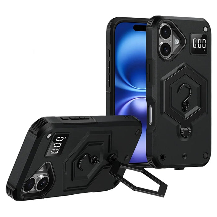 For iPhone 16 Case Hexagonal Kickstand Shockproof TPU PC Matte Phone Cover with Integrated Scale Hook - Black - 1