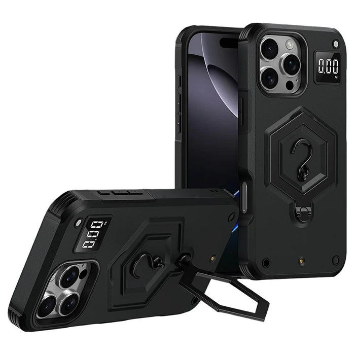 For iPhone 16 Pro Case Hexagonal Kickstand Shockproof TPU PC Matte Phone Cover with Integrated Scale Hook - Black - 1