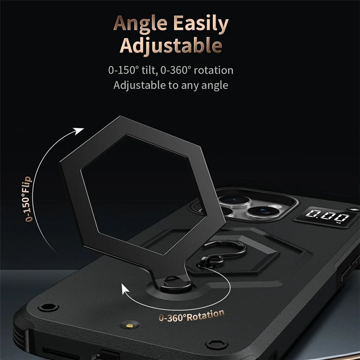 For iPhone 16 Pro Case Hexagonal Kickstand Shockproof TPU PC Matte Phone Cover with Integrated Scale Hook - Black - 2