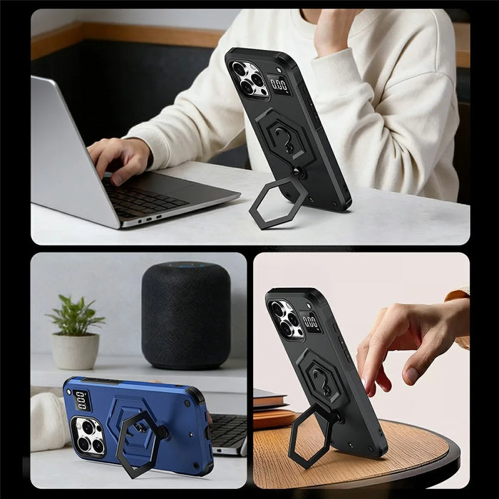 For iPhone 16 Pro Case Hexagonal Kickstand Shockproof TPU PC Matte Phone Cover with Integrated Scale Hook - Black - 3