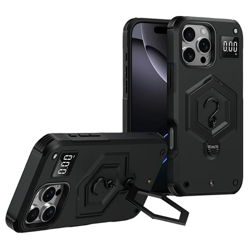 For iPhone 16 Pro Max Case Hexagonal Kickstand Shockproof TPU PC Matte Phone Cover with Integrated Scale Hook - Black - 1