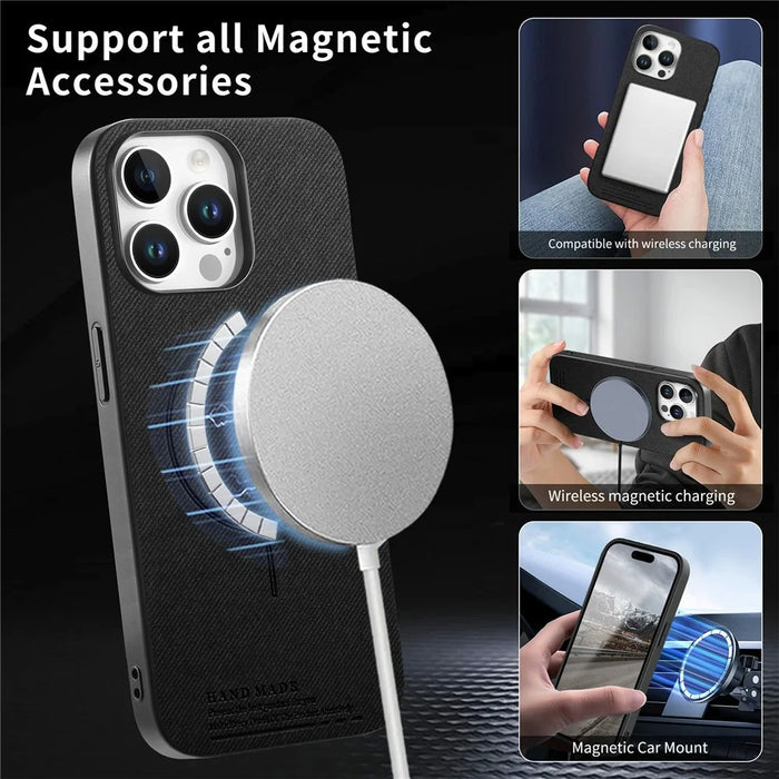 For iPhone 12 Pro Max Magnetic Case Cloth Texture PC + TPU + PU Leather Anti-Scratch Phone Cover Compatible with MagSafe - Black - 4