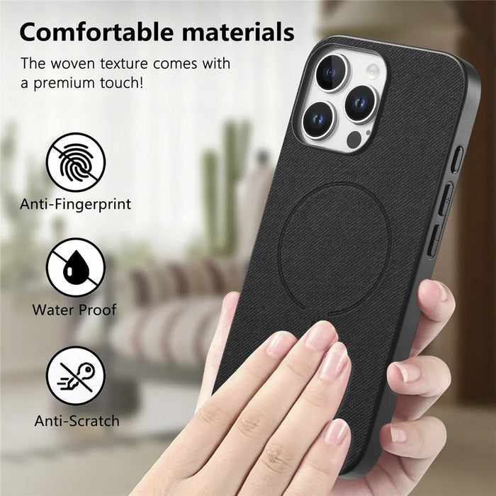 For iPhone 12 Pro Max Magnetic Case Cloth Texture PC + TPU + PU Leather Anti-Scratch Phone Cover Compatible with MagSafe - Black - 6