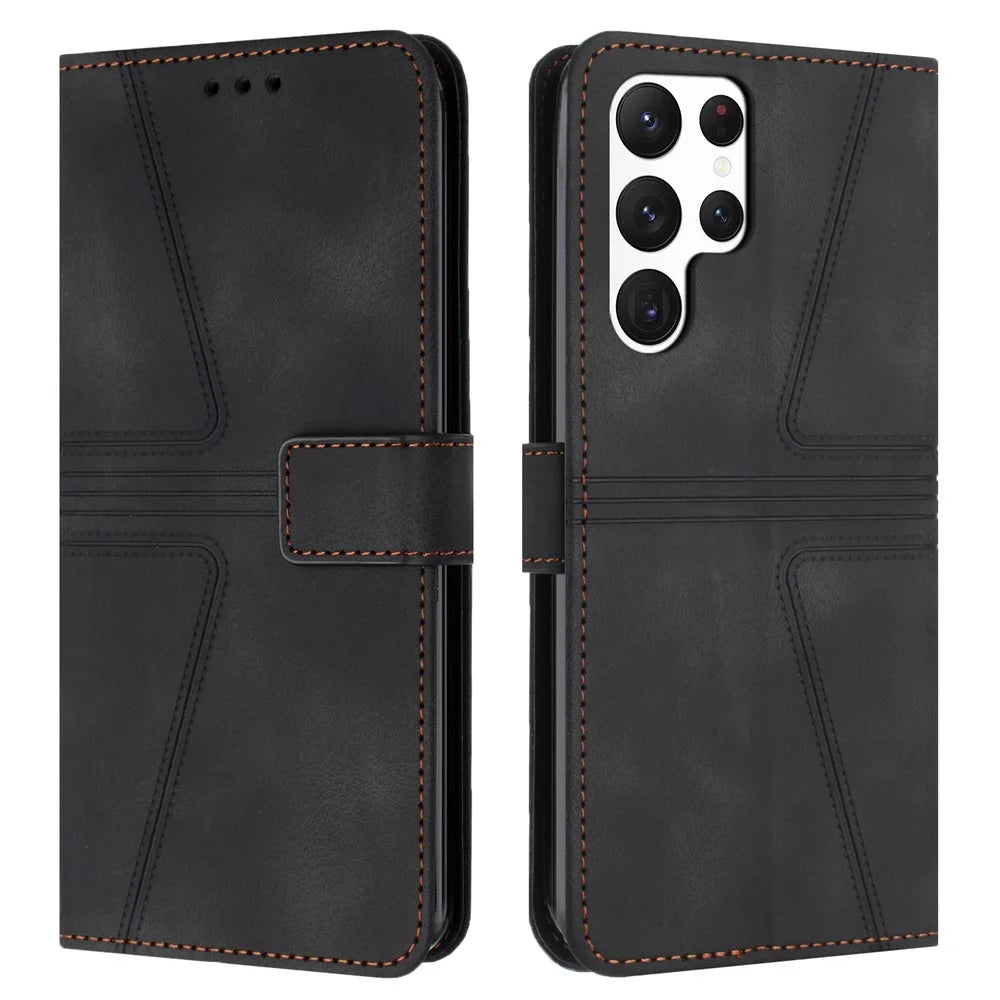 For Samsung Galaxy S26 Ultra Case Triangle Imprinted Anti-Scratch PU Leather Phone Wallet Cover - Black - 1
