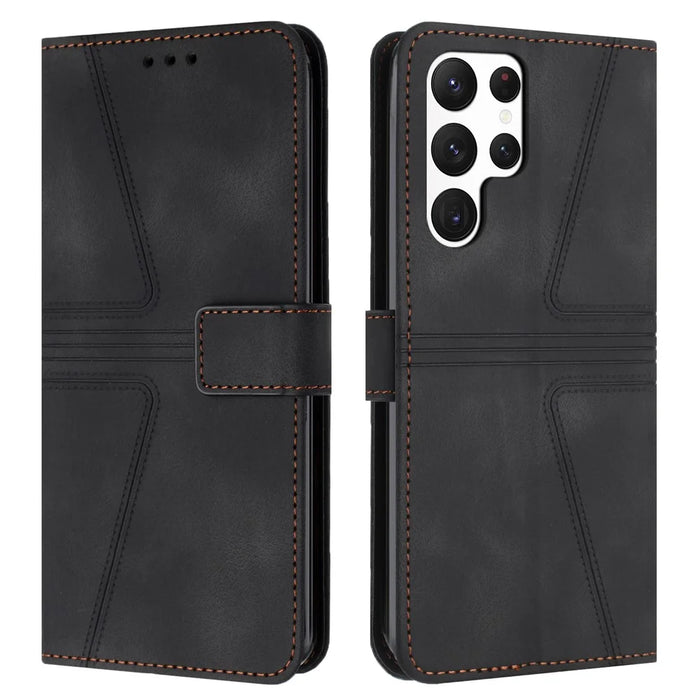 For Samsung Galaxy S26 Ultra Case Triangle Imprinted Anti-Scratch PU Leather Phone Wallet Cover - Black - 1