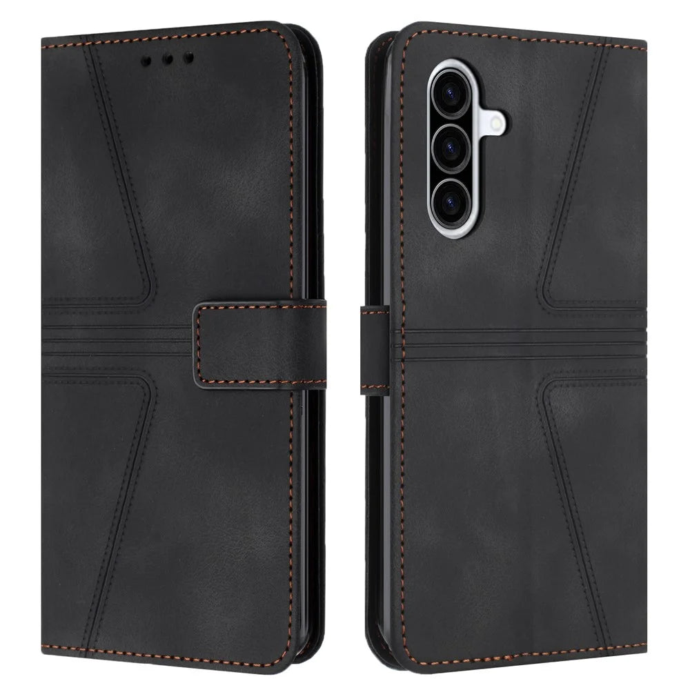 For Samsung Galaxy A37 5G Case Triangle Imprinted Anti-Scratch PU Leather Phone Wallet Cover - Black - 1