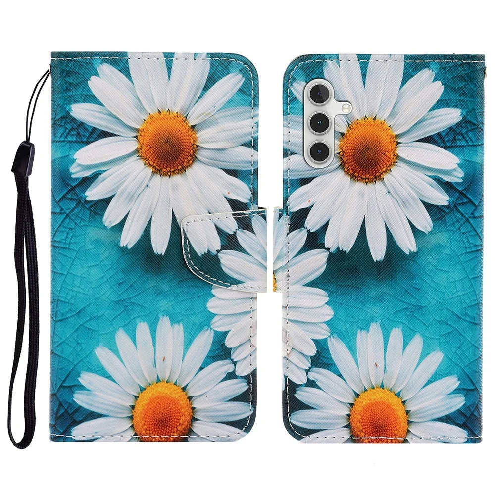 For Samsung Galaxy S26+ Case Pattern Printing Protective Leather Folio Phone Cover with Wrist Strap - Chrysanthemum - 1