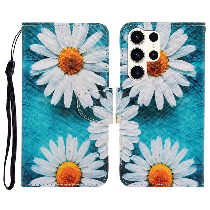 For Samsung Galaxy S26 Ultra Case Pattern Printing Protective Leather Folio Phone Cover with Wrist Strap - Chrysanthemum - 1