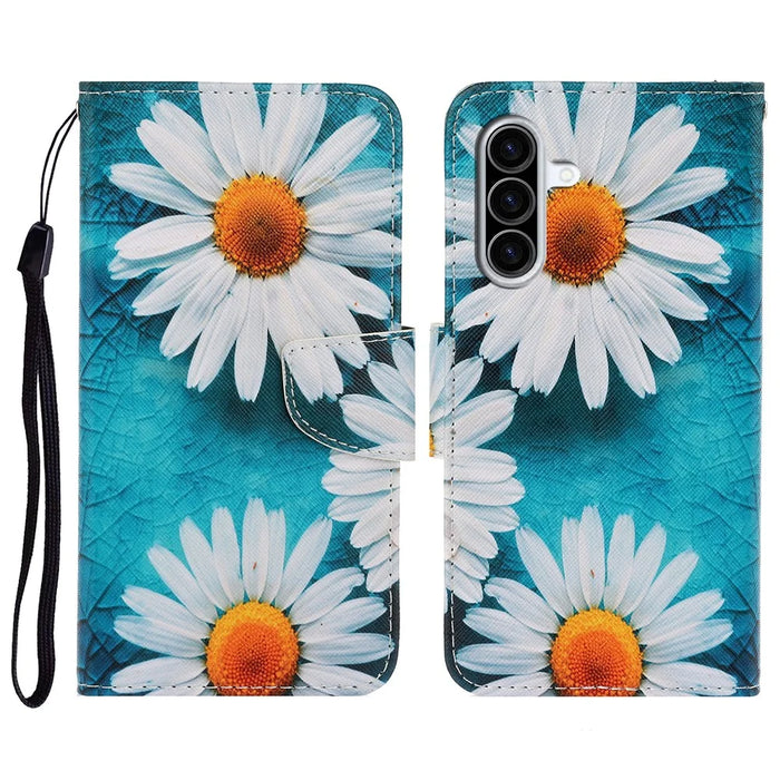 For Samsung Galaxy A37 5G Case Pattern Printing Protective Leather Folio Phone Cover with Wrist Strap - Chrysanthemum - 1
