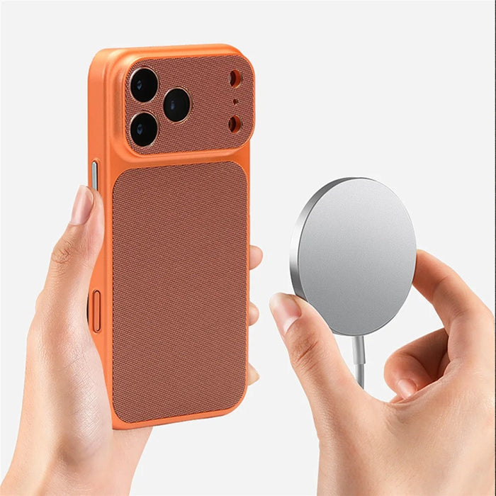 For iPhone 17 Pro Magnetic Case Fabric Texture PC Anti-Scratch Phone Cover Compatible with MagSafe - Ochre Brown - 2