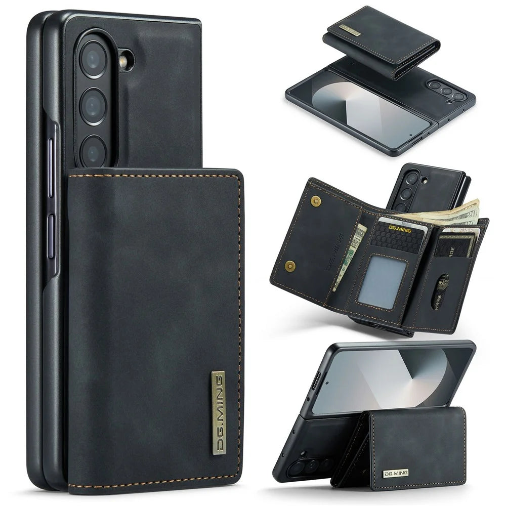 DG.MING M1 Series for Samsung Galaxy Z Fold6 5G Phone Case PU + TPU + PC Back Cover with Magnetic Tri-Fold Wallet Kickstand - Black - 1