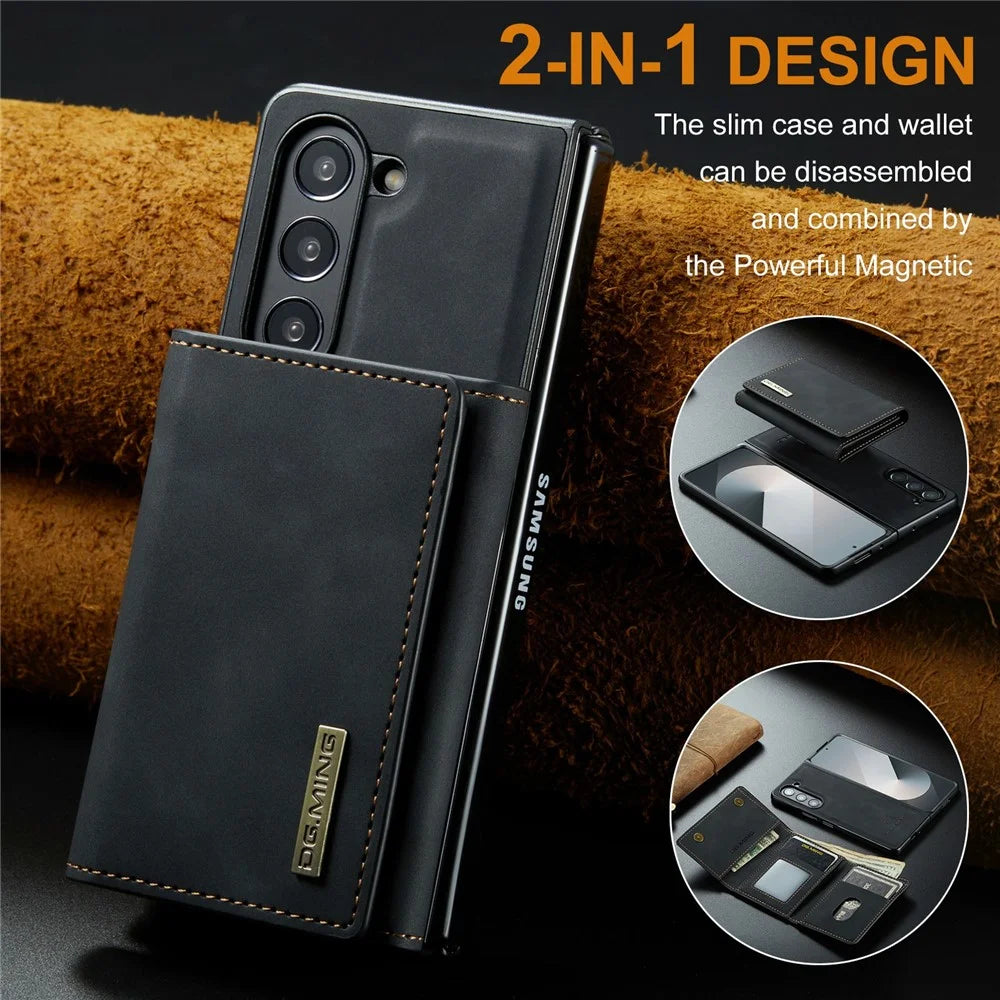 DG.MING M1 Series for Samsung Galaxy Z Fold6 5G Phone Case PU + TPU + PC Back Cover with Magnetic Tri-Fold Wallet Kickstand - Black - 6