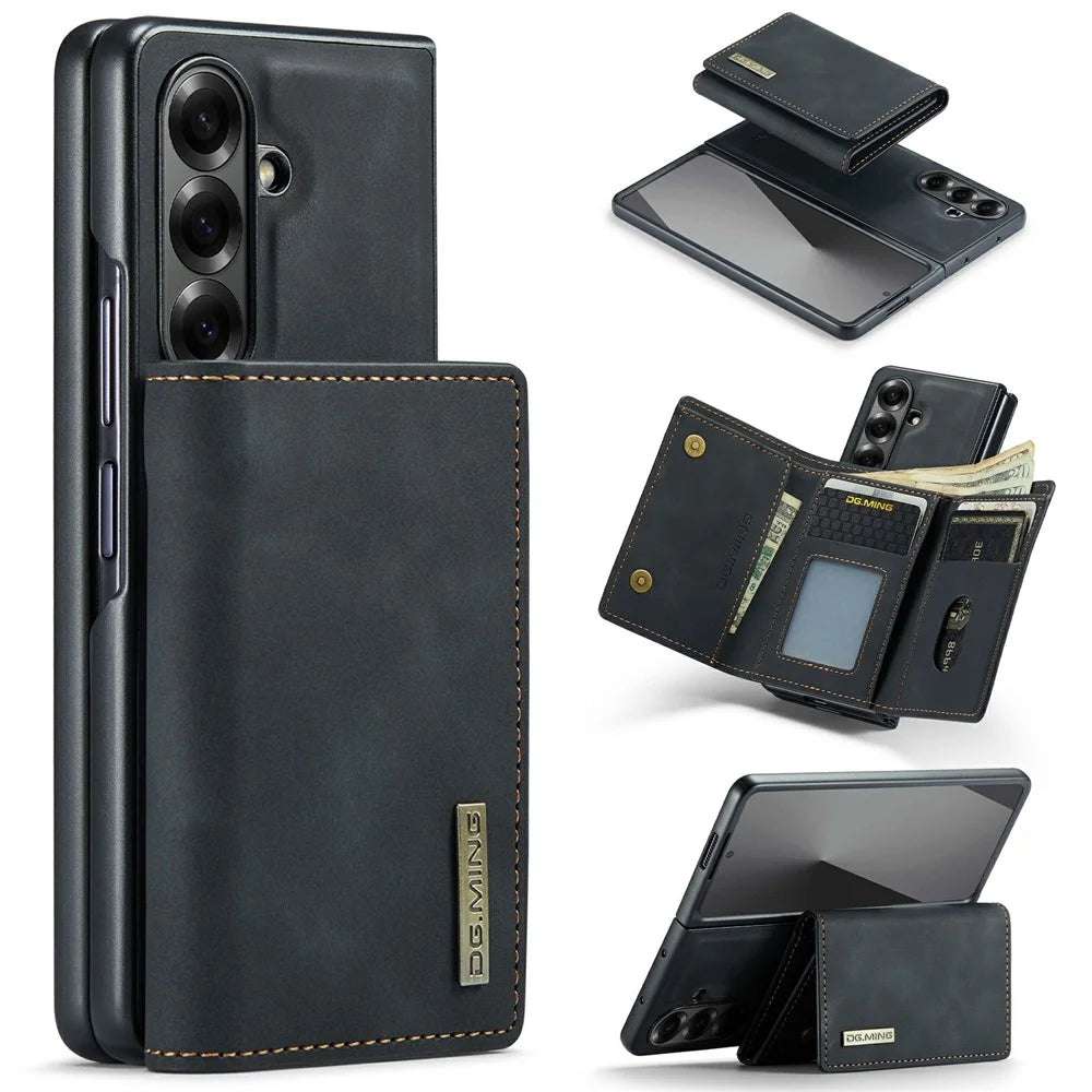 DG.MING M1 Series for Samsung Galaxy Z Fold7 5G Phone Case PU + TPU + PC Back Cover with Magnetic Tri-Fold Wallet Kickstand - Black - 1