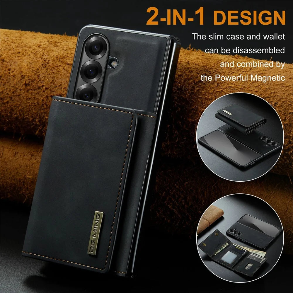 DG.MING M1 Series for Samsung Galaxy Z Fold7 5G Phone Case PU + TPU + PC Back Cover with Magnetic Tri-Fold Wallet Kickstand - Black - 6