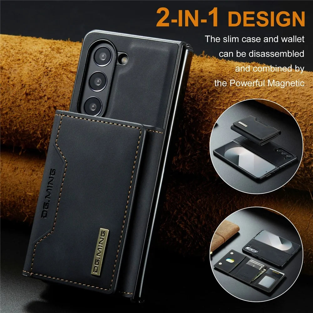 DG.MING M2 Series for Samsung Galaxy Z Fold6 5G Magnetic Case PU + PC + TPU Phone Cover Detachable Wallet Kickstand - Black - 6