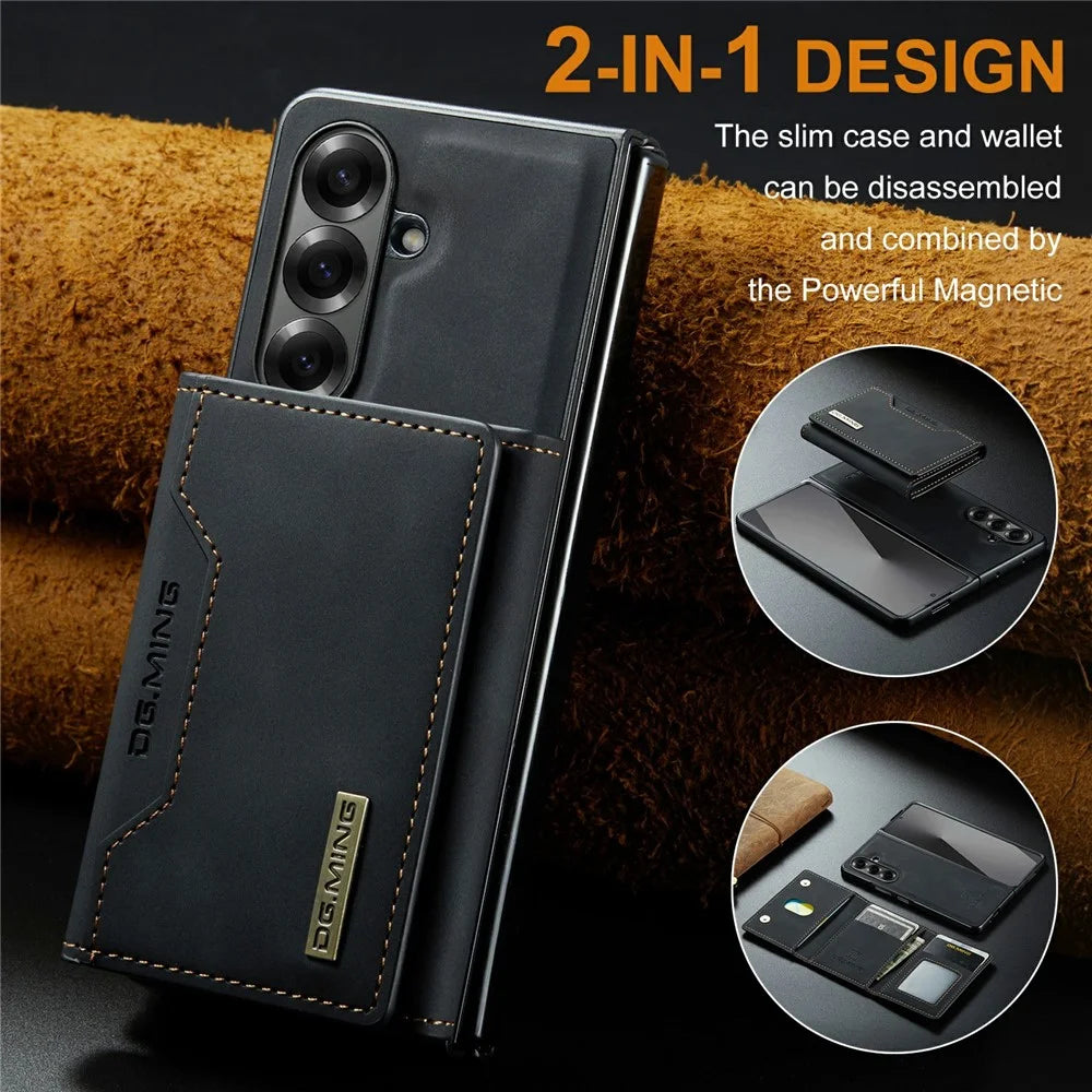 DG.MING M2 Series for Samsung Galaxy Z Fold7 5G Magnetic Case PU + PC + TPU Phone Cover Detachable Wallet Kickstand - Black - 6