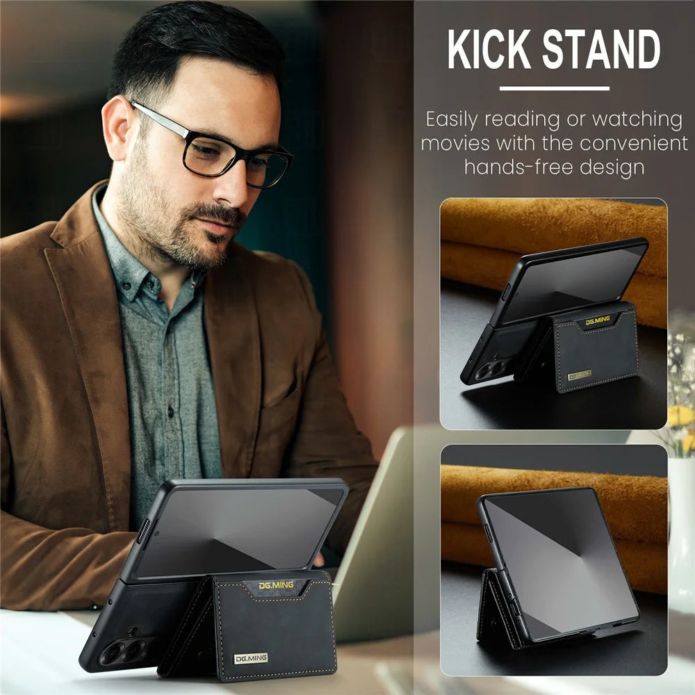 DG.MING M2 Series for Samsung Galaxy Z Fold7 5G Magnetic Case PU + PC + TPU Phone Cover Detachable Wallet Kickstand - Black - 7