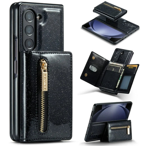 DG.MING M3 Series For Samsung Galaxy Z Fold5 5G Magnetic Case Glittery Kickstand Cover with Detachable Wallet - Black - 1