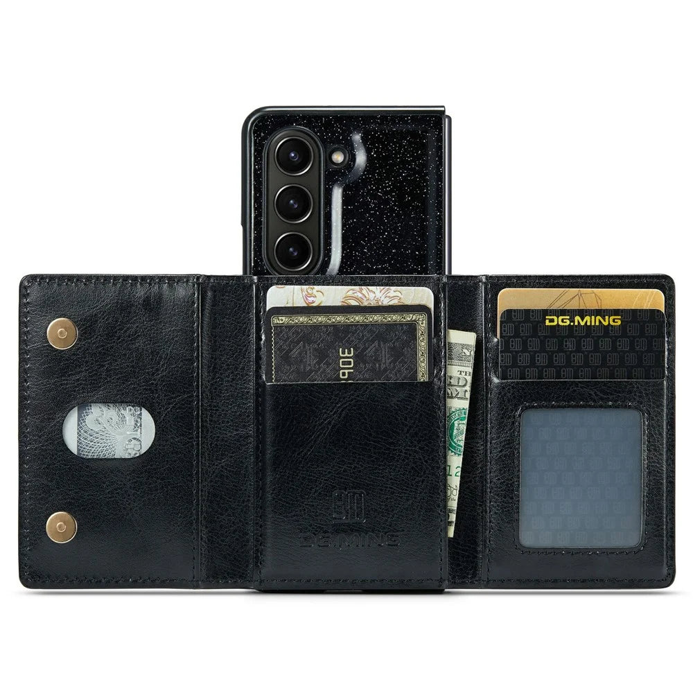 DG.MING M3 Series For Samsung Galaxy Z Fold5 5G Magnetic Case Glittery Kickstand Cover with Detachable Wallet - Black - 2