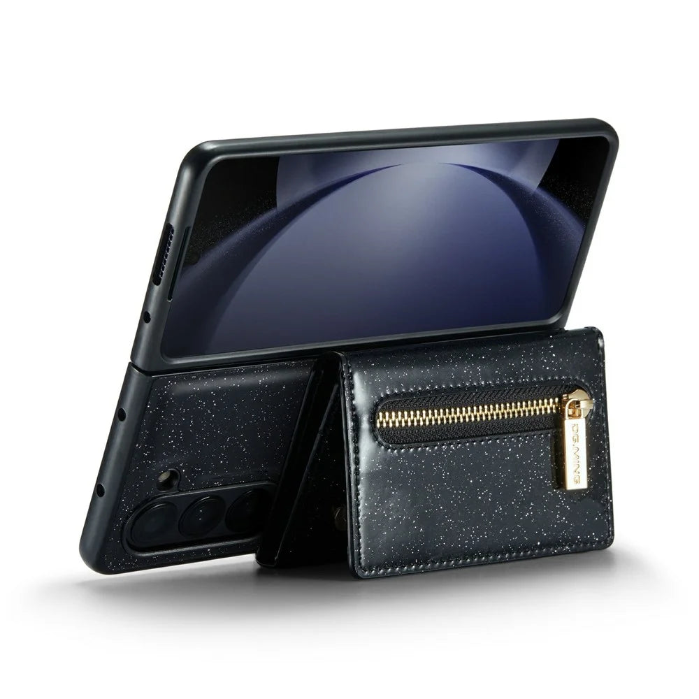 DG.MING M3 Series For Samsung Galaxy Z Fold5 5G Magnetic Case Glittery Kickstand Cover with Detachable Wallet - Black - 3