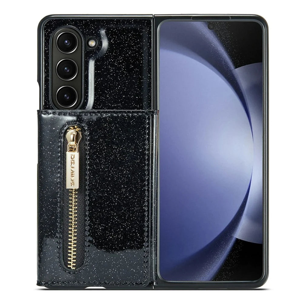 DG.MING M3 Series For Samsung Galaxy Z Fold5 5G Magnetic Case Glittery Kickstand Cover with Detachable Wallet - Black - 5