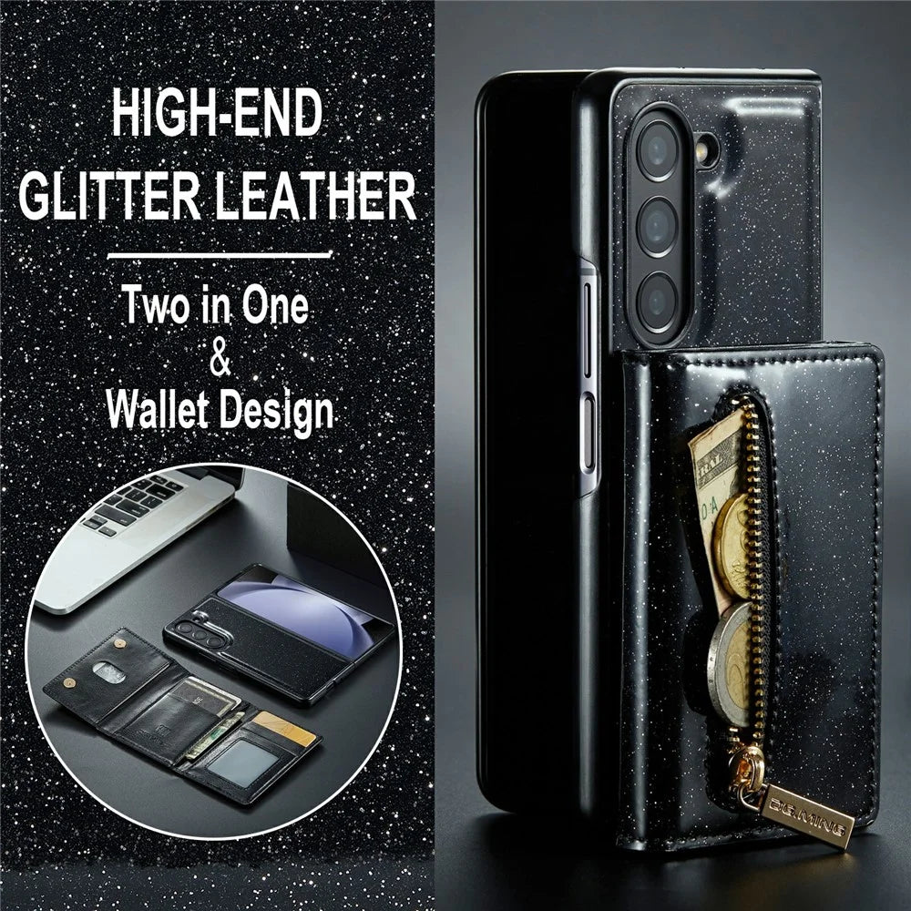DG.MING M3 Series For Samsung Galaxy Z Fold5 5G Magnetic Case Glittery Kickstand Cover with Detachable Wallet - Black - 6