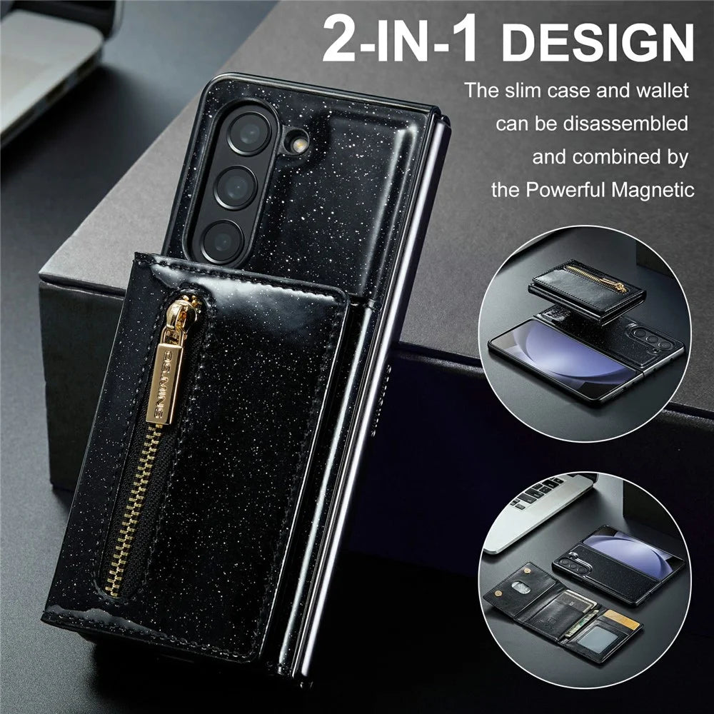 DG.MING M3 Series For Samsung Galaxy Z Fold5 5G Magnetic Case Glittery Kickstand Cover with Detachable Wallet - Black - 7